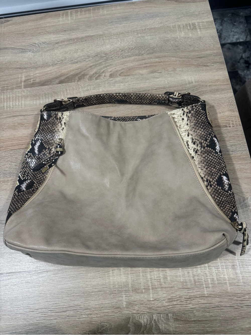 Taupe Shoulder Hobo Bag with Snake-Print Trim